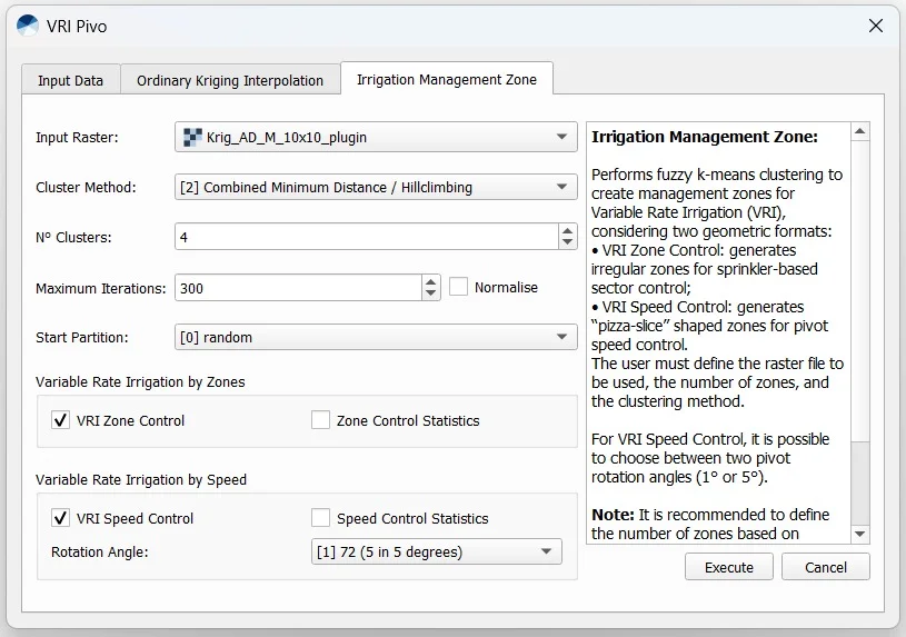Figura 3. Interface do plugin. Aba: Zonas de manejo de irrigação.